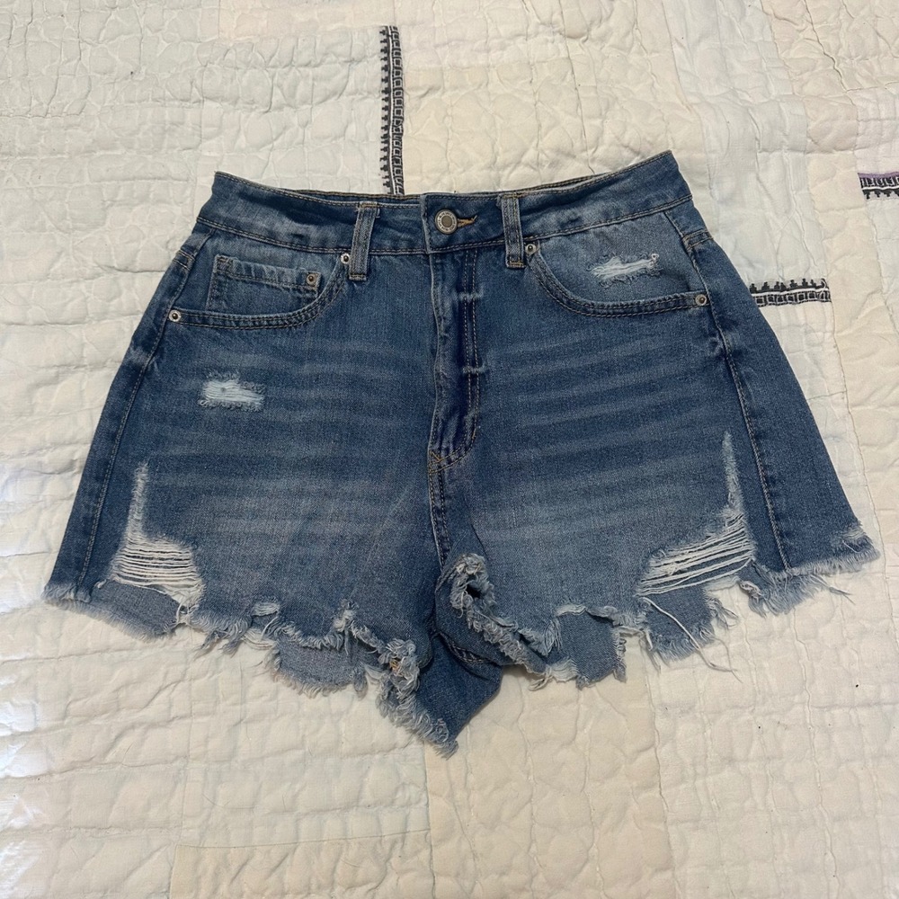 Blue Spice Mom Shorts Distressed Medium Wash Denim High Waisted Size 7